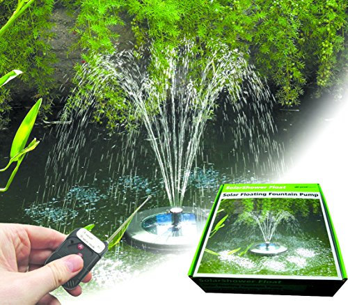 PondXpert SolarShower Float Solar Pond Pump with Battery, Remote Control and LED Lights. Attractive Solar Fountain Floats on Pond Surface.