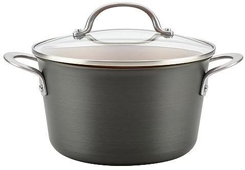 Ayesha Curry Home Collection Hard Anodized Nonstick Sauce Pan/Saucepan with Lid, 4.5 Quart, Gray