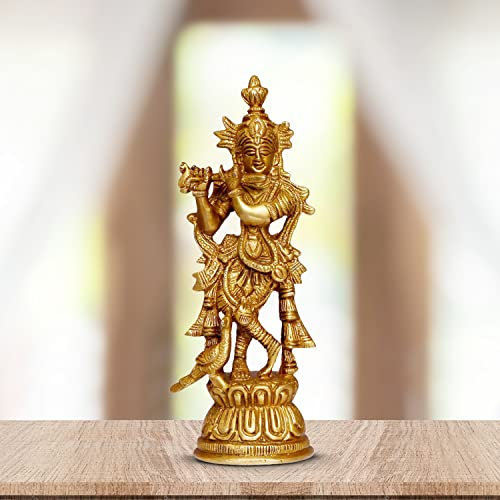 Artvarko Religiöser Lord Große Krishna Gott Murti Messing Metall Statue der Liebe Flöte spielen Wohnkultur Wohnzimmer Pooja Zimmer Mandir Tempel Höhe 17 cm