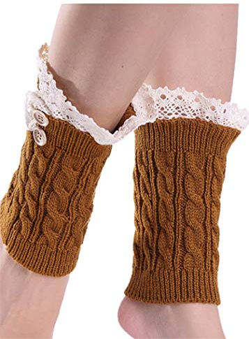 Berax Damen Stulpen Beinwärmer Stulpen Stiefel Legwarmers Warm Grobstrick Stulpen Tasten Dekor mit Spitze(Dunkelgelb)