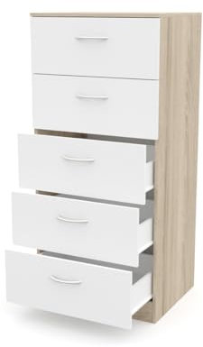 DORMIDAN- Sinfonier 5 cajones guías metálicas, cómoda Dormitorio, Altura 110cm. (Roble cajones Blanco)