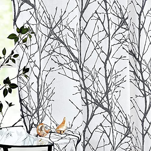 Fmfunctex Black Semi Sheer Curtains for Living Room 90 Drop Voile Curtains for Bedroom Tree Branch Eyelet Curtains Linen Textured Light Filtering Window Curtain Drapes for Dining Room 2 Panels