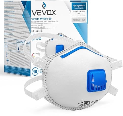 VEVOX® FFP3 Maske mit Ventil – 5er, 10er oder 20er Set – Staubmaske – Atemschutzmaske – Staubschutzmaske – Feinstaubmaske – Atemschutz z.B. gegen Feinstaub, Schimmel oder Asbest