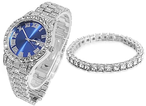 Halukakah Diamant Golduhr Iced Out, Männer 18k Echtgold/Platin Weißgold Plattiert Quarz Armband 24cm Blaues Zifferblatt, mit Tennis-Ketten Halskette Armband-Set Optionen, Kommt mit Geschenkbox
