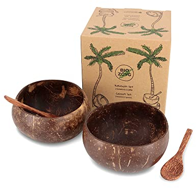 BIOZOYG Set de 2 bols en noix de coco avec cuillères I Jumbo I 700-800ml I 100% fait à la main I réutilisable I biodégradable I coquille de noix de coco polie à l'huile de noix de coco