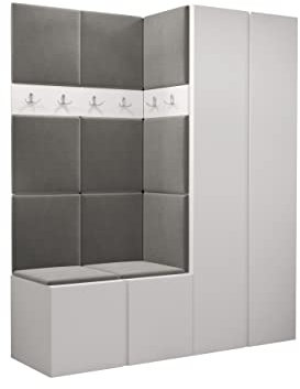 Mirjan24 Garderoben-Set Monati III, 2X Schuhschrank + Kleiderhakenbrett + Kleiderschrank Gepolstertes Paneel/Wandpaneel Kleiderhaken Flurgarderobe Wandgarderobe (Weiß, Manila 16)