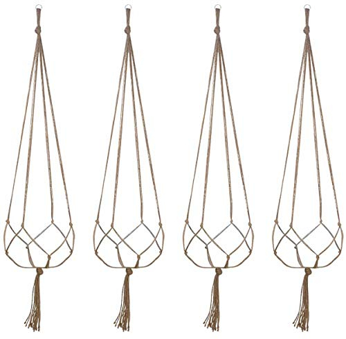 4 Pièces Suspension Corde Plante Macramé, Porte Pot Suspendue Plante, Corde de Coton Support Cintre de Fleurs pour Pot Suspendu Balcon Jardin, Bohême Décoration de Patio, 105 cm (Beige)