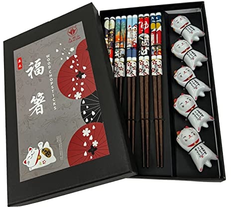 LANHUTHS Wooden Chopsticks Reusable 5 Pairs Gift Set with 5pcs porcelain rest Lucky Cat Design Hand-Made 8.8 Inch/22.5cm