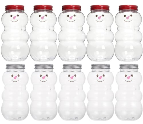 Tofficu 10Pcs Christmas Candy Jars Home Holiday Decor Clear Plastic Cookie Jar with Snowman Doll Sweet Gift Box Bottle Holder Empty Juice Bottles Milk Beverage Bottles Drink Containers 500ml