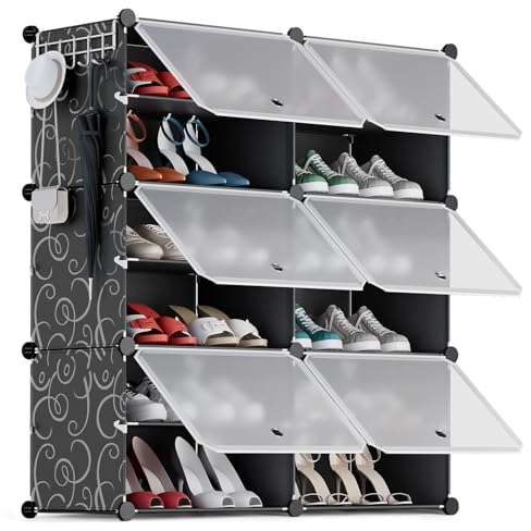 YIHATA Schuhregal für 24 Paar Schuhe Schuhschrank mit 2 x 6 Stufiger, Schmal, Staubdichter Kunststoff Schuhregale für Flur Schlafzimmer Eingang, mit Türen 30 x 40 x 30 cm pro Fach, Schwarz