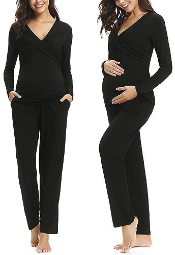 Irdcomps Ensemble de Pyjama Maternité Coton Pyjama de maternité Couleur Unie Longue Vêtements de Nuit Grossesse Pyjama Allaitement Noir M