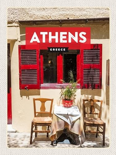 mrdeco Metall Schild 20x30cm gewölbt Athens Greece Cafe Fensterläden Deko Blechschild Tin Sign
