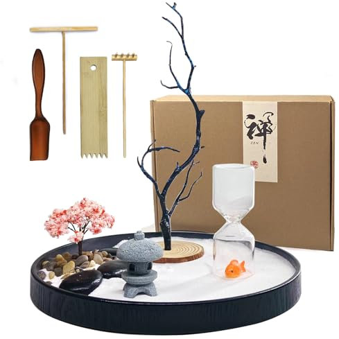 Jardin zen de bureau avec sablier rechargeable et poisson koï - Kit de jardin miniature japonais avec sable, râteau et accessoires - Décoration de bureau anti-stress pour la maison et le bureau