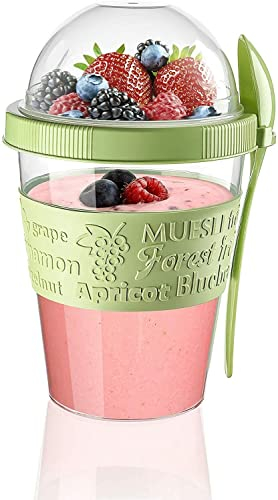 Kandall Original Take & Go Yoghurt Pot for Breakfast 600ml Granola Muesli Cereal Yogurt Pot with Spoon Lid Leakproof Plastic 100% BPA Free Dishwasher Safe (Green)