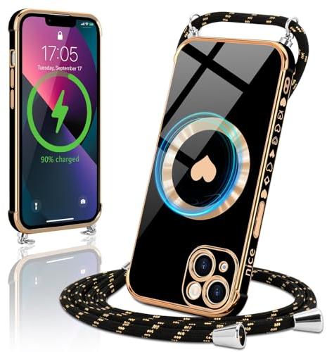 Micoden Magnetische Handykette für iPhone 13 Necklace Hülle mit Band kompatibel mit Magsafe Kameraschutz Galvanik Herz Silikon Case Kordel zum Umhängen Handyhülle Stoßfeste Schutzhülle,Schwarz