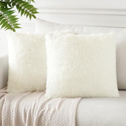 JOTOM 2er Set Kissenbezüge Künstlich Pelz Sofakissen Dekorative Dekokissen Plüschkissen Kuschelig Flauschig Kissenbezug für Sofa 45x45cm Weiß