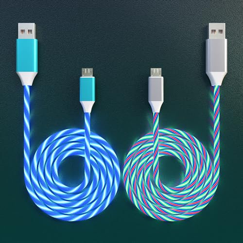 Light Up Micro USB Charging Cable 2 Packs 6.6FT Led Fast Charging Android Charger LED Light Up Phone Charger Cord for Huawei Mate Samsung Galaxy S7 S6 Edge LG,HTC,Sony,Moto,Kindle,PS4(Blue & Colorful)