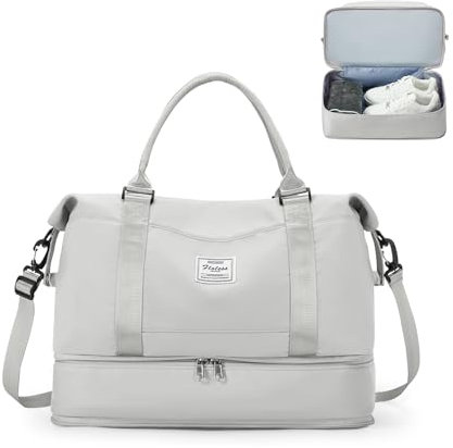 Reisetasche Damen 40x20x25 Ryanair Handgepäck Tasche Sporttasche Weekender Bag Schwimmtasche Wasserdicht Travel Duffle Bag Fitnesstasche Trainingstasche Krankenhaustasche mit Schuhfach,F15-Hellgrau