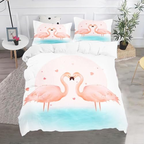 Fadaing Flamingo Bettwäsche Rosa Flamingo Bettwäsche Set 135x200cm Bettbezug Süßes Tier Blumen Flamingo Duvet Cover,Mikrofibre für Kinder Jungen Mädchen (135 x 200 cm,2)