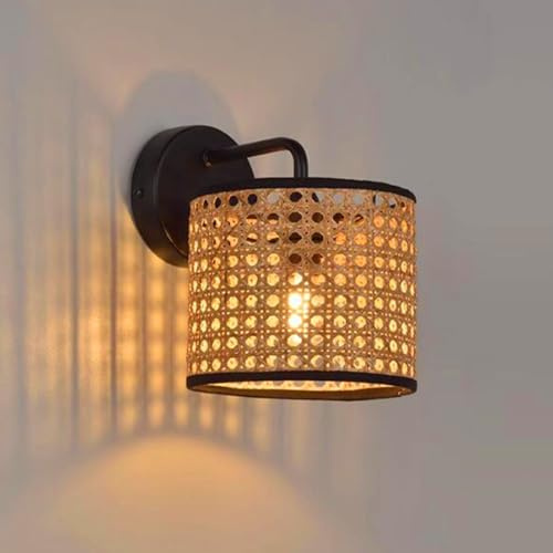 Lfoute Bambus Wand Leuchte Innen E27 Wandlampe Rattan Lampenschirm Vintage Wandbeleuchtung Für Schlafzimmer Wohnzimmer Esszimmer Restaurant Flur Treppenhaus Innenbeleuchtung