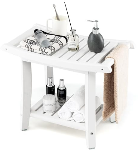 HOMASIS Duschhocker mit 2 Ebenen, Sattel Badhocker mit Handtuchhalter, wasserdichte Duschbank aus HDPE, 60,5 x 34 x 48 cm, Weiß