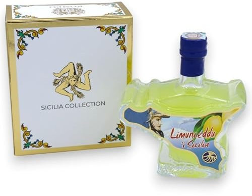 Bouteille de liqueur en verre en forme de Sicile - Collection Sicile - avec 8 options de goût, 100 ml (1 unité) - Limoncello de Sicile
