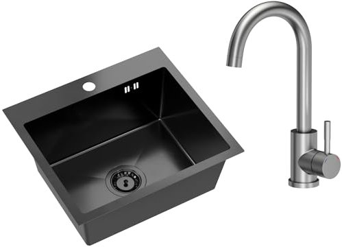 VBChome Lavello da Incasso in Acciaio Inox Con Rubinetto, 50 x 45 cm, Colore Nero, Con Foro per Rubinetto