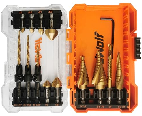 NordWolf 13-Piece HSS Titanium Hex Shank Spiral Flute Step Drill, 82-Degree 3 Flutes Countersink & Tapered Drill 4 Cutters Countersink and Saw Drill Bit Set in Storage Case