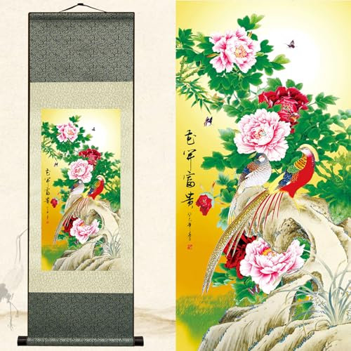 Newscz Schlafzimmer-Bilder für Wandkunst, Wandgemälde, Seidenschnörkelbilder, Blumen- und Vogelposter, Pfau, Wandteppich, Schlafzimmer, Leinwand, Hausdekoration für Wohnzimmer, Heimdekoration, 91,4 x