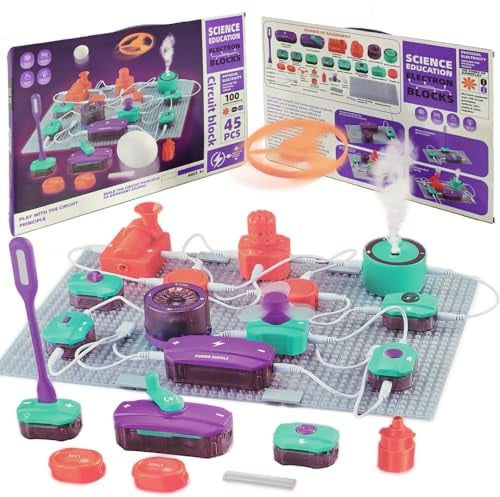 Set di circuiti elettronici con 45 blocchi di circuiti, 101 esperimenti per imparare l'elettricità,kit per l'esplorazione dell'elettronica fai da te, Giocattoli educativi STEM per bambini età 3+