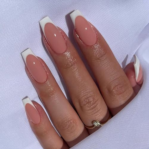 MrCuvaryas 24 Stück Französisch Falsche Nägel Zum Aufkleben, Press on Nails - Rosa mit Weißen Rändern French Trapez Künstliche Nägel, Eckig Acryl Künstliche Fingernägel Natur für DIY (Weiße Klassik)
