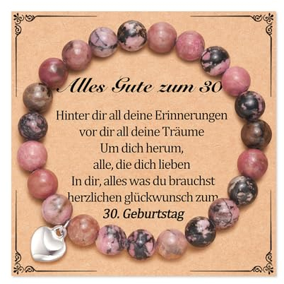 Aunis 30 Geburtstag Frauen, Natursteinbohne, rosa Herz-Armband für Freundin, Schwester, Tante und Mutter