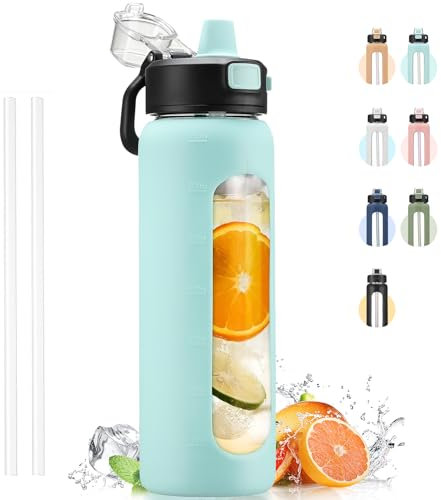 Kodrine Water Bottle With Straw and Carry Handle, Glass Water Bottle 24 oz Leak Proof Locking Lid with Soft Silicone Spout, Reusable Drinking Cups for Travel Sports with Time Marker,Light Blue