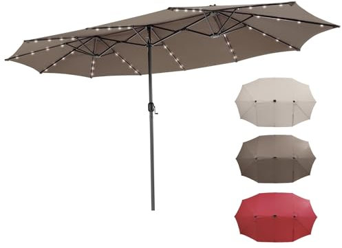 RELAX4LIFE Ombrellone Doppio da Giardino 450 x 260 cm, Ombrellone Parasole con Luci LED e Manovella, Tetti Ventilati, Ombrellone da Esterno per Patio, Cortile, Ristorante o Bar (Marrone)