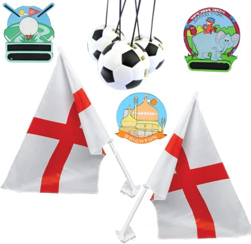 England Car Flags For The Euro 2024 Football (Pack of 2) - With 3 FREE Car Air Fresheners & 3 FREE Fridge Magnets