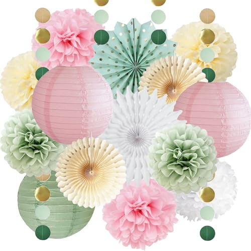 FETETIJD Sage Green and Pink Party Decoration Paper Lanterns, Pom Poms, Fans, Circle Dots Garland for Women, Girls Birthday, Engagement, Baby Shower