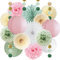 FETETIJD Sage Green and Pink Party Decoration Paper Lanterns, Pom Poms, Fans, Circle Dots Garland for Women, Girls Birthday, Engagement, Baby Shower
