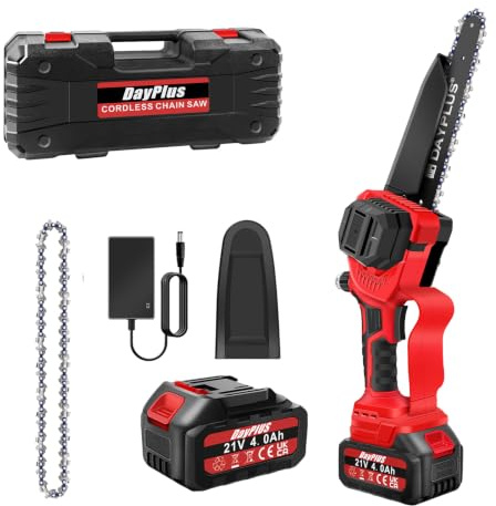 Akku Kettensäge, 8 Zoll Handkettensäg mit 2 Akku und Ladegerät, 21V Kettensäge zum Holzschneiden, Baumschnitt, mit 1 Ketten, 1 Führungsplatte, 80mm Schnittgröße