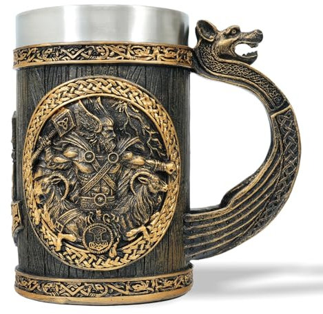 AtSKnSK Jarra de cerveza vikinga de acero inoxidable con un asa, mitología nórdica, martillo de Thor, árbol de la vida, café, jarras vikingas, regalos para hombres y mujeres (Thor Hammer)