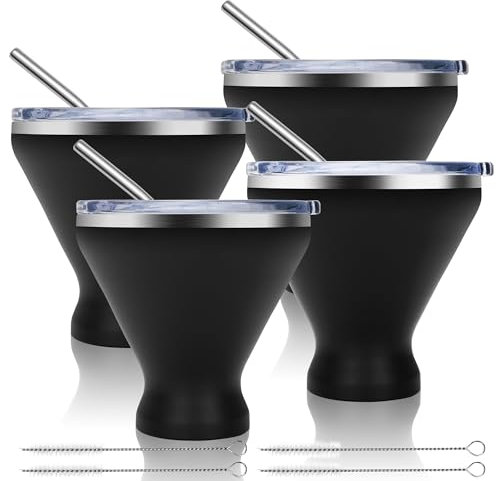 Stainless Steel Wine Tumbler with Lid, Double Wall Vacuum Martini Glass with Straw, Insulated Stemless Cocktail Glasses Stay Icy Cold, Set of 4, 8 Oz,Black