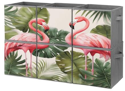 YHEGBFD Lot de 6 bacs de rangement avec poignées, motif flamants roses, palmiers et feuilles, paniers de rangement pliables en tissu