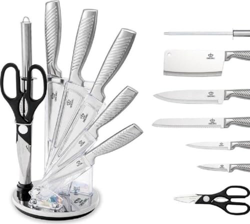 Royal Swiss Messerblock mit Messerschärfer - Scharfe Küchenmesser Set - Messerset Kochmesser Set Edelstahl Messer Set - Silber