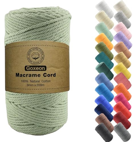 3mm x 200m Macrame Cord Cotton Cord - 4 Strand Twisted Natural Cord for Wall Hanging, Plant Hangers, Crafts, Knitting(Light Green)