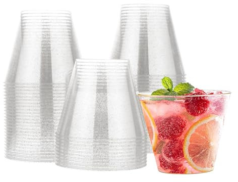 MATANA 60 Hartplastik Partybecher mit Silberglitzer (255ml / 9oz) - Plastikbecher, Trinkbecher, Kunststoffbecher für Geburtstage, Hochzeiten & Partys - Stabil & Mehrweg