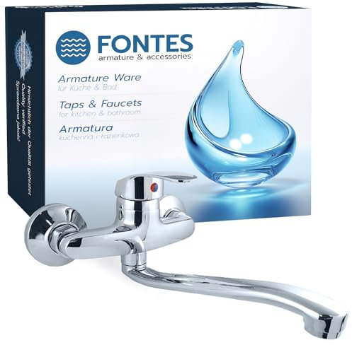 FONTES Einhebel Wasserhahn Küche mit 360 ° Drehbare Auslauf - Küchenarmatur Wandmontage aus Messing und Zink mit Chrom-Finish - Waschtischarmatur mit Keramik Kartusche - Komplettset