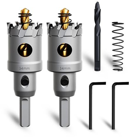 METOTY Pack of 2 34 mm Hole Saw Metal, Carbide Hole Saw, Carbide Drill, with an Additional Nitrided Step Guide Drill and L-Wrench, for Steel, Iron, Aluminium, Metal