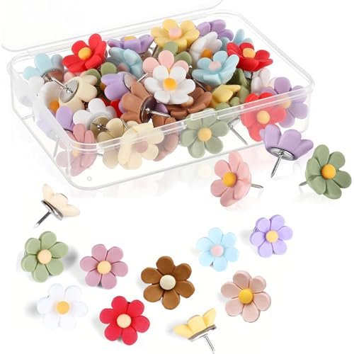 ARTGUTS 30 Stück Blumige Pinnadeln, Blumen Zeichennadeln, Blumen Pins für Pinnwand, Kreative Dekorative Pinnwand Nadeln, für Pinnwände, Korkwände, Fotowände, Büros(Zehn Farben)