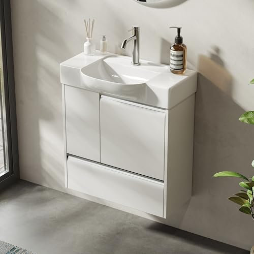 BRIDGE BENO Conjunto de Muebles de Baño 60 cm, Mueble Bajo Lavabo con Cajón de Cierre Suave y 2 Puertas, Tocador para Aseo de Invitados, Almacenaje, Blanco Mate
