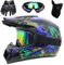 Motorradhelm, DOT-Zertifizierter Integralhelm für Dirtbikes, für Kinder, Jugendliche und Erwachsene, Motocross-Helm Mit Maske, Schutzbrille und Handschuhen(Blue claw,M(54-55cm))