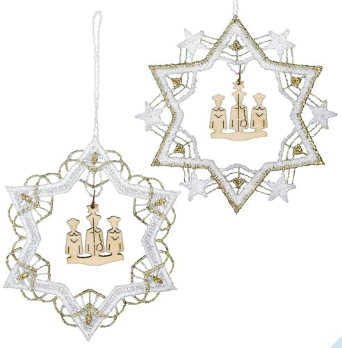 Baumbehang Sternenmix 9 cm, 6 Stück, Spitze gepaart mit echter erzgebirgischer Holzkunst (Kurrende)